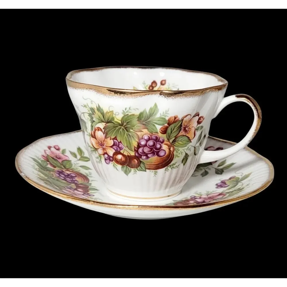 RARE VINTAGE ROYAL MINSTER TEA CUP AND SAUCER FINE BONE CHINA FLOWERS AND FRUITS